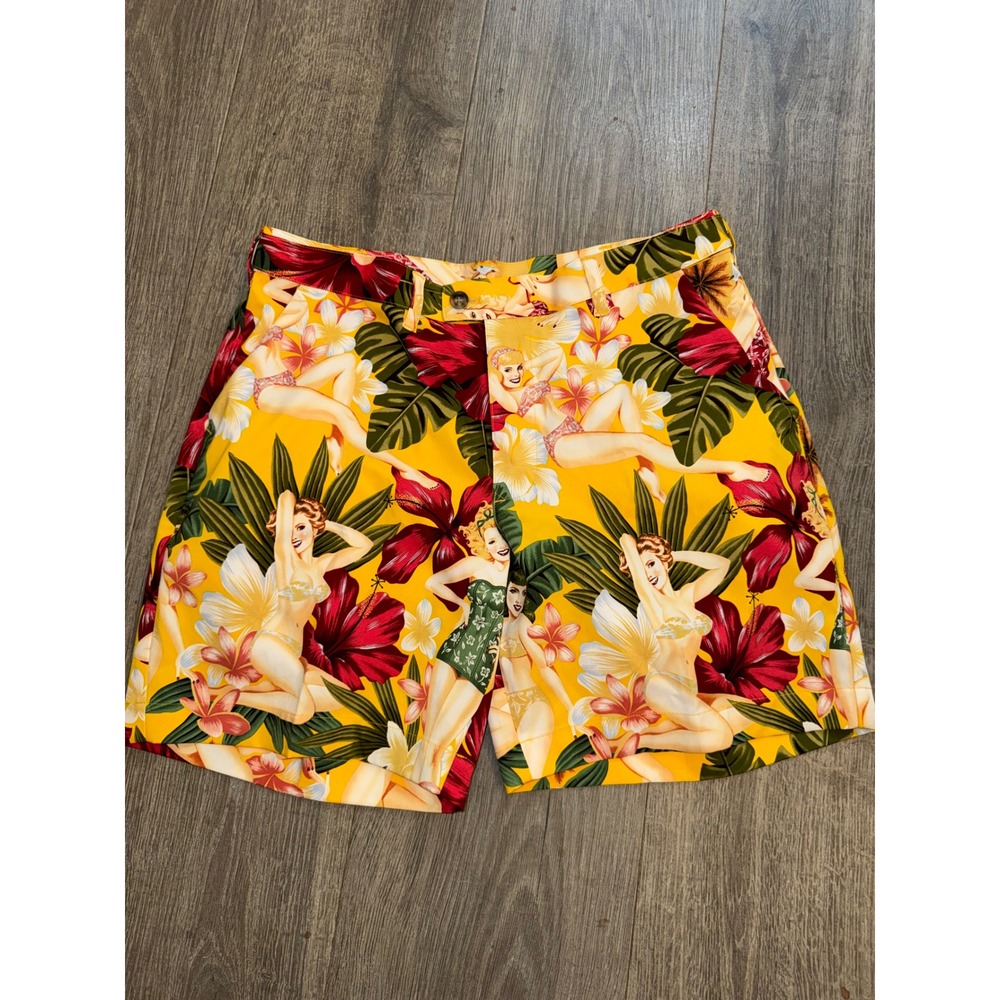 Loudmouth Golf Shorts Mens 36 Yellow Pinup Girl Tropical Hibiscus Floral Print